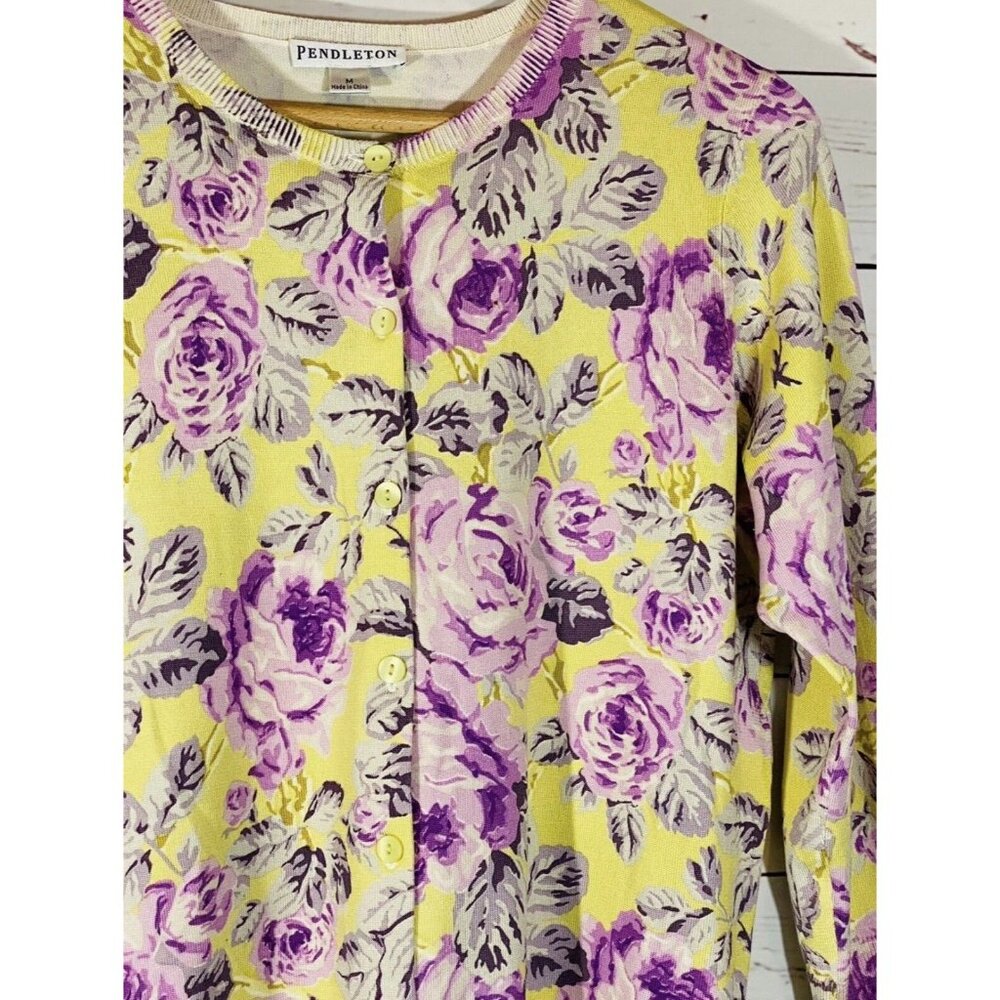 Pendleton Cardigan Sweater Womens Sz Medium Floral Silk Knit 3/4 Button Front - Picture 5 of 10